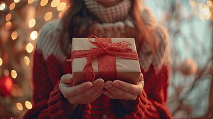 a woman holds a gift in her hands. Selective focus
