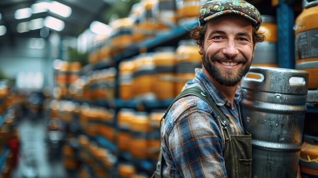 A smiling man in a brewery environment holds a keg firmly surrounded by stacked beer barrels. His cheerful expression and earthy surroundings suggest passion for his work.
