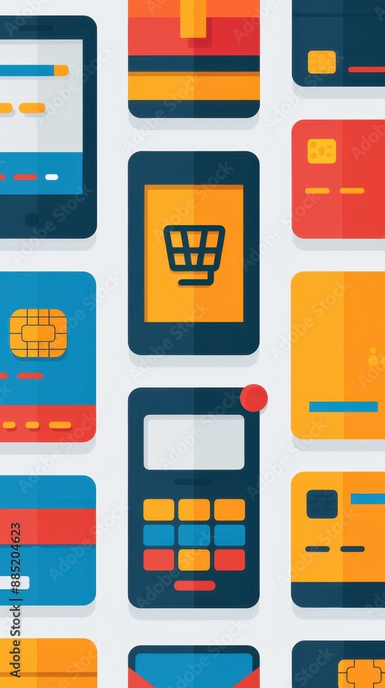 Poster colorful icons representing different online payment methods, online payments, versatile transaction