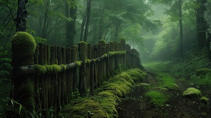 mystical forest clearing bordered by ancient wooden fence misty tendrils weaving through mosscovered posts