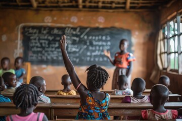 Fototapeta na wymiar A vibrant primary school classroom with children engaged, one child raising their hand while a teacher stands by the blackboard.