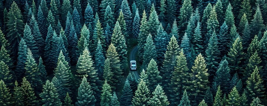 a butoh car in the middle of a dense pine forest