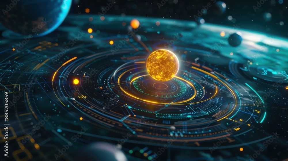 Poster futuristic holographic solar system display with orbiting planets in cool tones - high-tech sci-fi 3