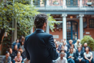 Business professional in suit giving an outdoor presentation to a seated audience, emphasizing communication and leadership skills. Generated AI