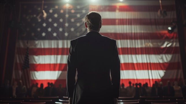 candidate or businessman infront of the american flag