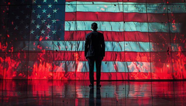 man in a suit infront of the american flag in flames