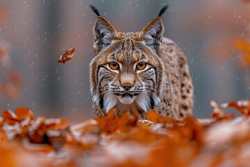 Fototapeta premium An Iberian lynx prowling through a Mediterranean forest, its tufted ears and spotted fur blending with the autumn leaves.