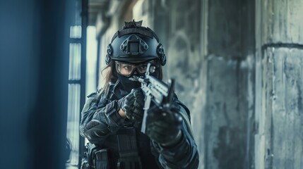 Fototapeta premium Tactical officer in full gear aiming a firearm in an urban setting, with concrete walls in the background.