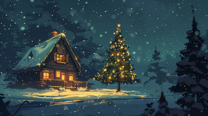 christmas background, house near the christmas trees, with lofi style and 2d anime influence, warm and festive background for merry christmas