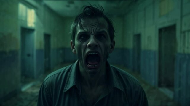 A screaming man suffering from mental illness in an empty creepy hallway of a mental hospital. The psychopath is getting older, age morphing