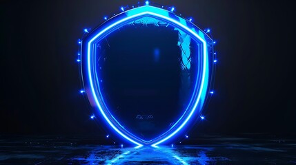 Cybersecurity shield with glowing blue neon lights security protection. AI generated