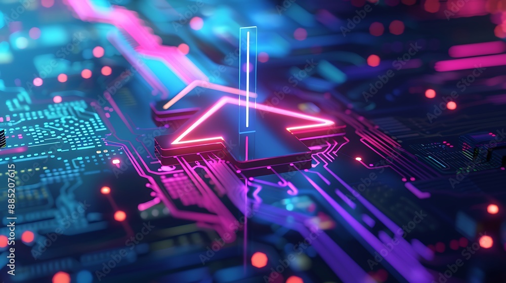 Poster neon circuit board with arrow digital data flow glow future. ai generated