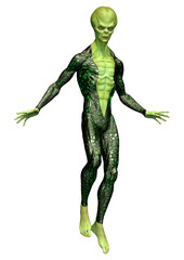 3D Rendering Green Alien on White