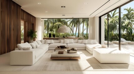 Fototapeta premium White modern living room with a large white couch. Generate AI image