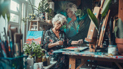 Obraz premium Trendy mature woman paints on canva in her home studio - Soft focus on female pensioner face - Models by AI generative