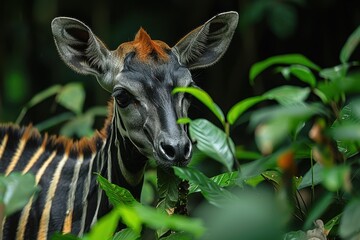 An okapi feeding on leaves in the dense Congo rainforest, its striped hindquarters and elongated neck visible through the foliage