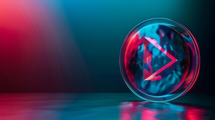 Neon play button in a glass orb ready to hit play. AI generated