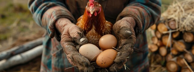 the farmer holds a chicken and eggs in his hands. selective focus