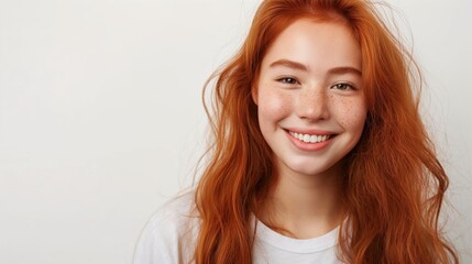 Portrait of a young woman with long red hair and freckles, smiling at the camera against a plain white background.