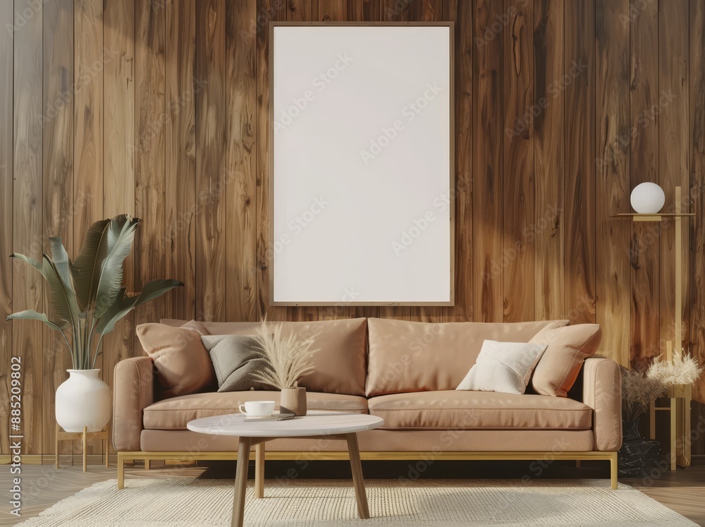Poster mockup of 3d interior poster with vertical empty with sofa and tree in dark brown room.