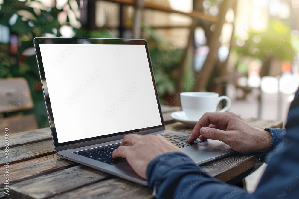 Poster a mockup image with a blank screen computer and a white background, with a woman using a laptop to s