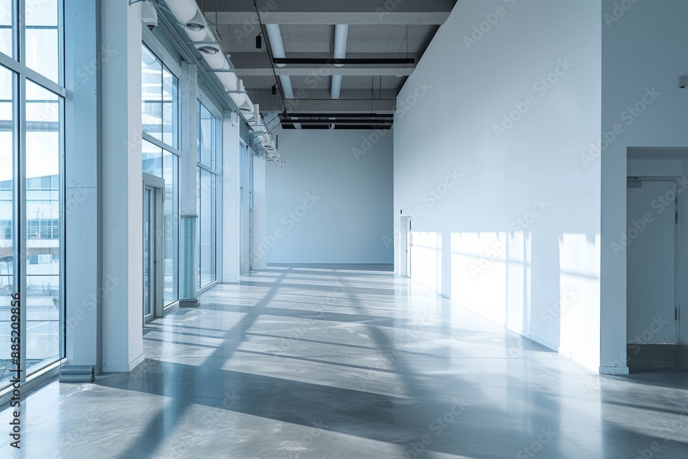 Poster an office mockup with large windows and the sun passing through the rendering shows a blank wall