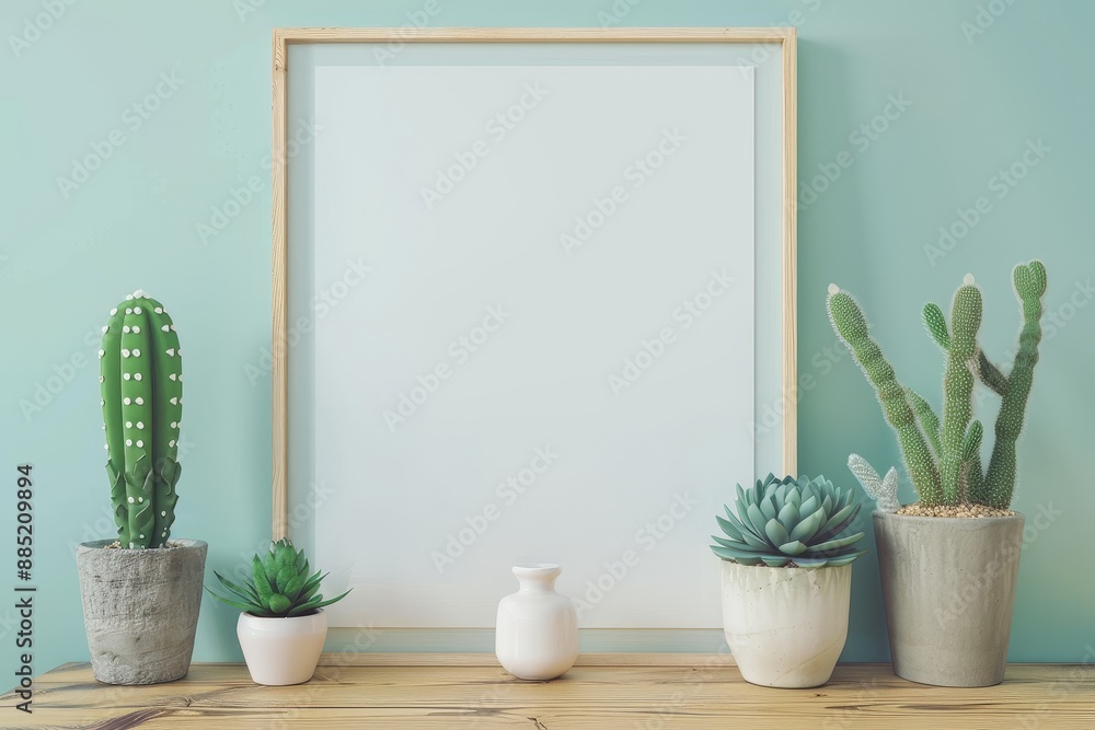 Poster an interior of a minimalistic room with a mock up photo frame on a brown wooden table with cacti and