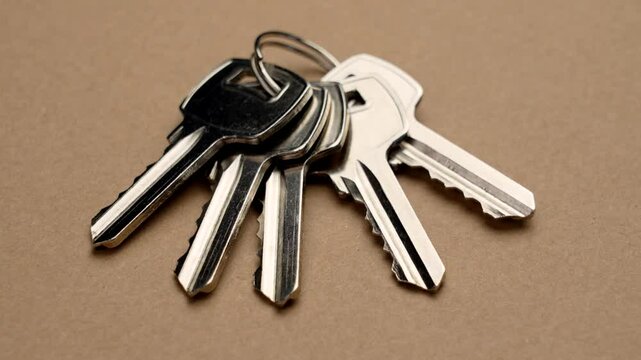 Five duplicate identical steel door keys in a bunch closeup on a brown surface. Rotation