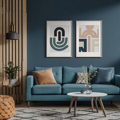 Blank picture frame mockup on wall. living room design interior with artwork mock up on wall. Home staging and minimalism