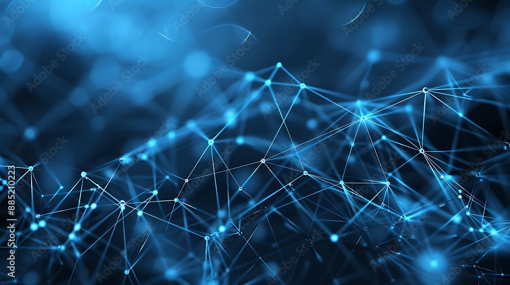 Poster network of interconnected dots and lines glowing in a deep blue hue the abstract image represents di