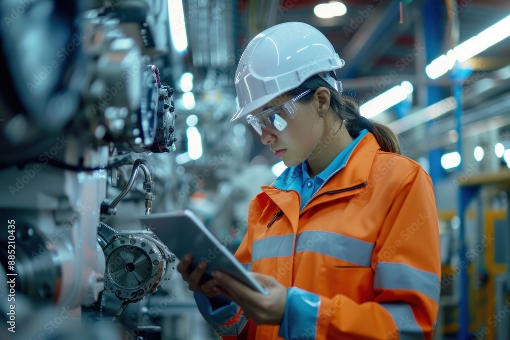 Poster Engineer using a tablet on a machine factory hardhat helmet.