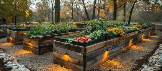 Garden Beds Illuminated by Warm Lights at Dusk