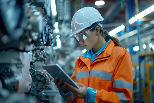 Engineer using a tablet on a machine factory hardhat helmet.