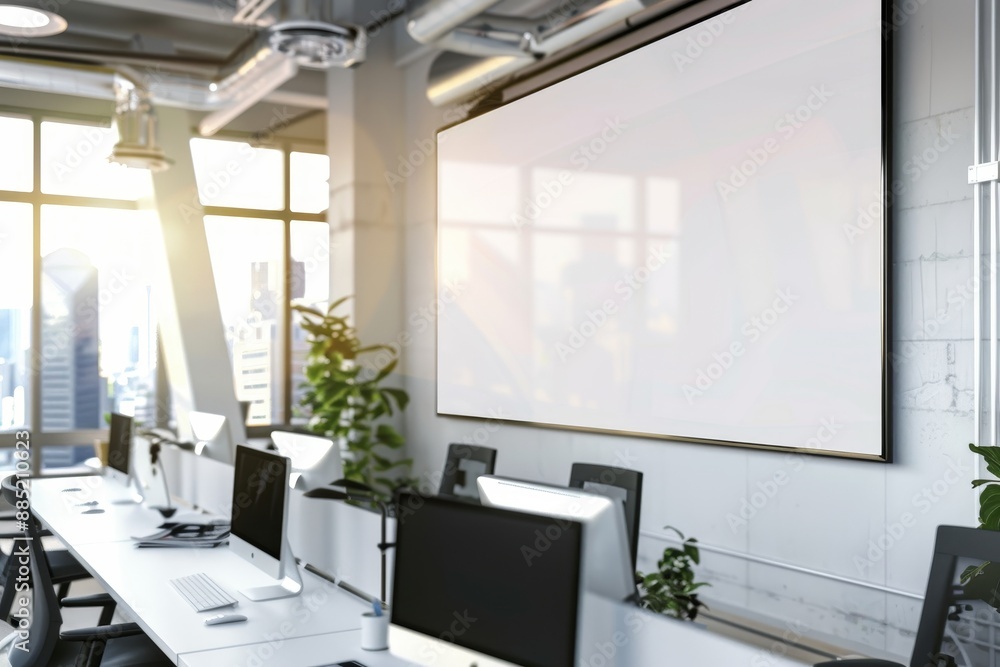 Poster an office background with a blank horizontal transparent glass sign plate on the white wall. a front