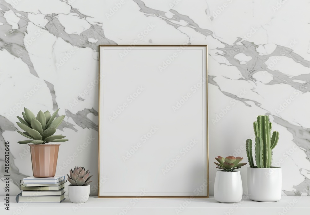 Aufkleber model 3d rendering of a black frame leaned against a white shelf in a bright interior with plants an
