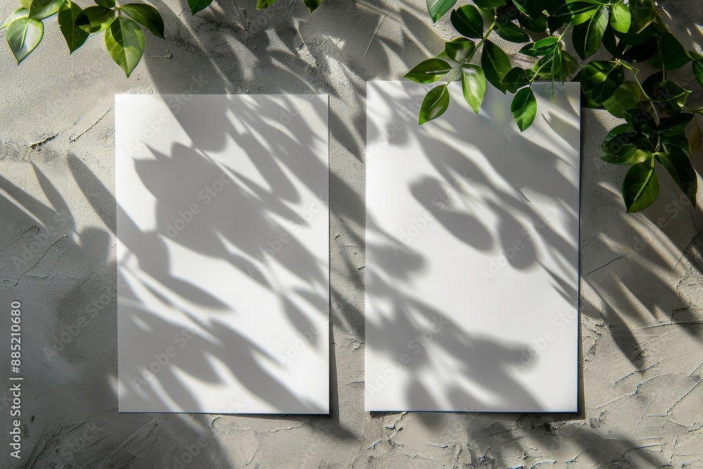 Poster A textured white paper overlay on a soft gray table background with plant shadows cast by natural light. Horizontal orientation.
