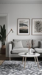 Blank picture frame mockup on wall. living room design interior with artwork mock up on wall. Home staging and minimalism