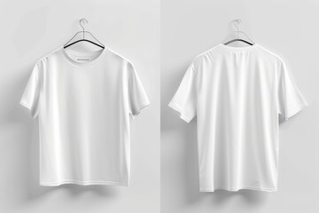 Mock-up of a blank white t-shirt on a wooden hanger, showing the front and back sides.
