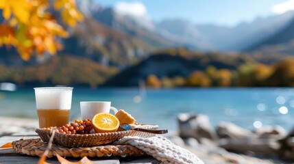 Fototapeta premium A picturesque autumn morning with a breakfast setting by the lake, featuring coffee, fresh fruits, and fall foliage, creating a serene and tranquil atmosphere.