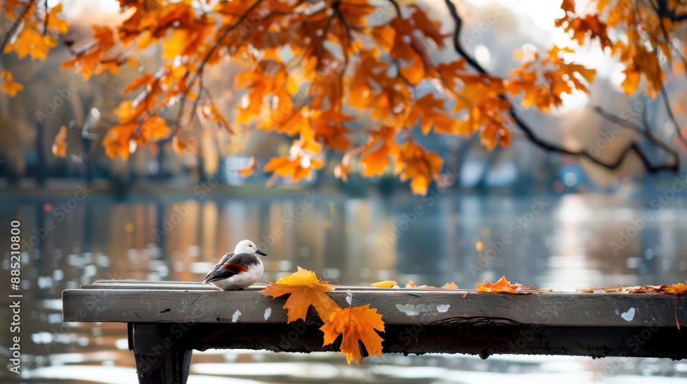 Poster a bird is seen resting on a bench covered in autumn leaves with a tranquil lake and trees in the bac