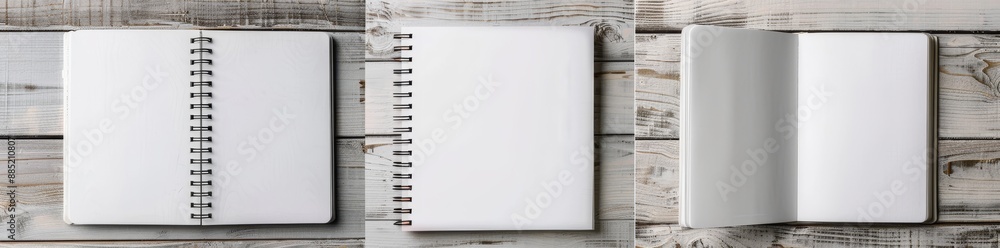 Poster Realistic spiral binding notebook mock up rendered with three different perspectives on white marble background. 3D illustration.