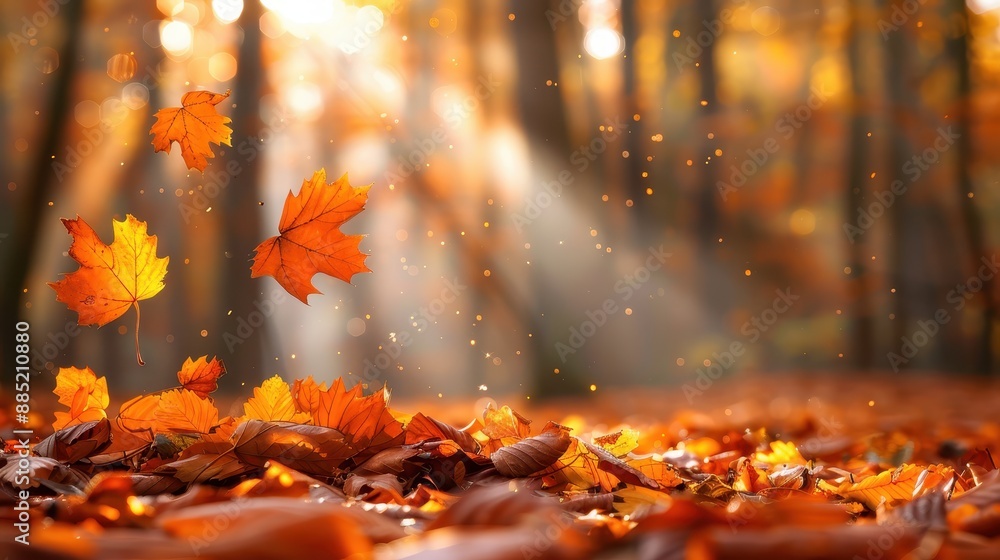 Poster autumn leaves are falling in a sunlit forest clearing, with rays of sunlight piercing through, creat