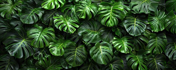 some green monstera leaves on a black background