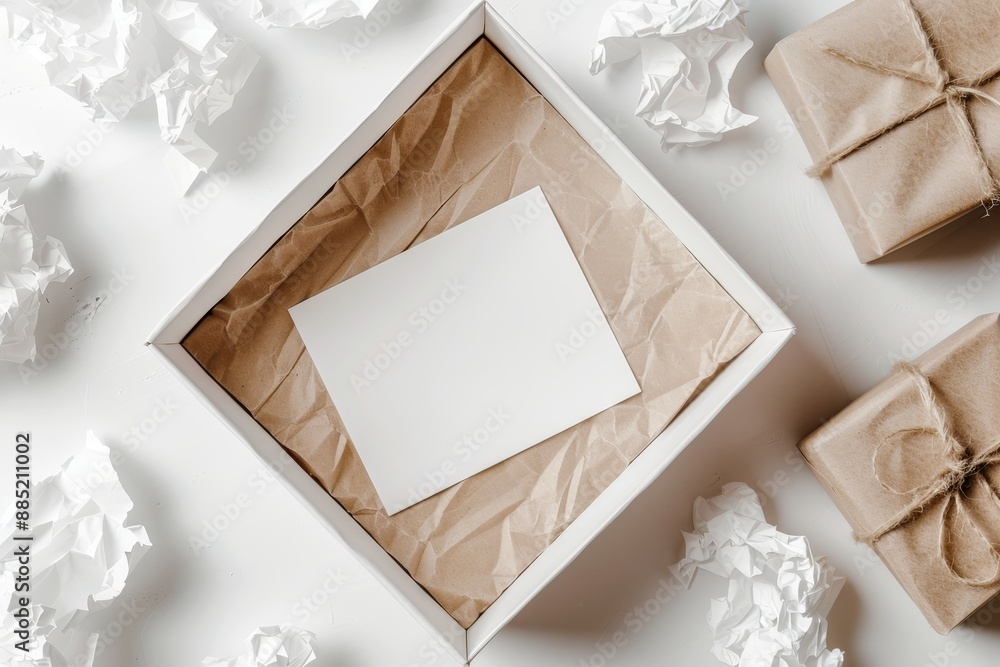Poster white realistic cardboard box with brown paper and a business card on a light background. business g