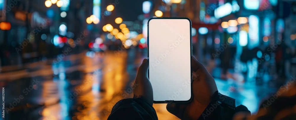 Poster a close-up image of a male hand holding an empty smartphone. a mockup ready for text or content is s