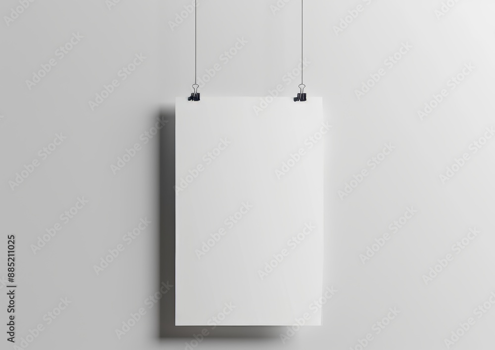 Poster Mockup 3D rendering of a white poster suspended from strings on a wall