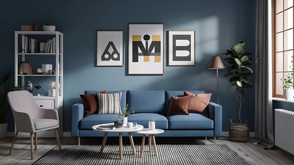 Blank picture frame mockup on wall. living room design interior with artwork mock up on wall. Home staging and minimalism