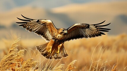 Obraz premium Stealthy hawks hunt with precision, their keen eyesight and sharp talons making them formidable predators as they dive towards their unsuspecting prey in the open fields