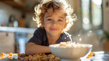 Happy child enjoying a bowl of cereal in a sunlit kitchen, emphasizing a joyful morning routine with charming ambiance.
