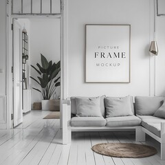 Blank picture frame mockup on wall. living room design interior with artwork mock up on wall. Home staging and minimalism